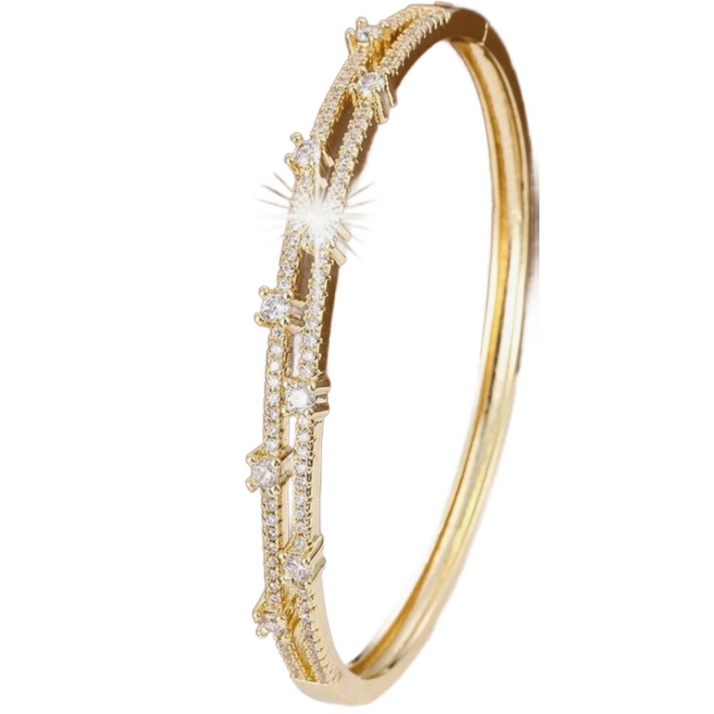 Dainty Minimalist CZ double row hinge bangle bracelet - Picture 2 of 2